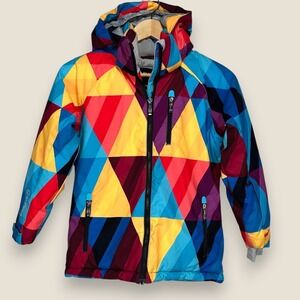 Sunice Hooded Ski Jacket Women Size 8 Multicolor Geometric Print Zip Snowboard